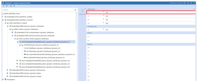 Sample of an dynamic dashboard generated assembly file with a red rectangle box around attributes.